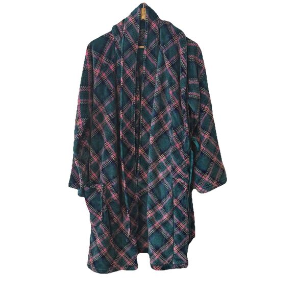Victoria’s Secret Plush Fleece Short Robe Teal Pink Plaid XS/S Excellent - Picture 2 of 10